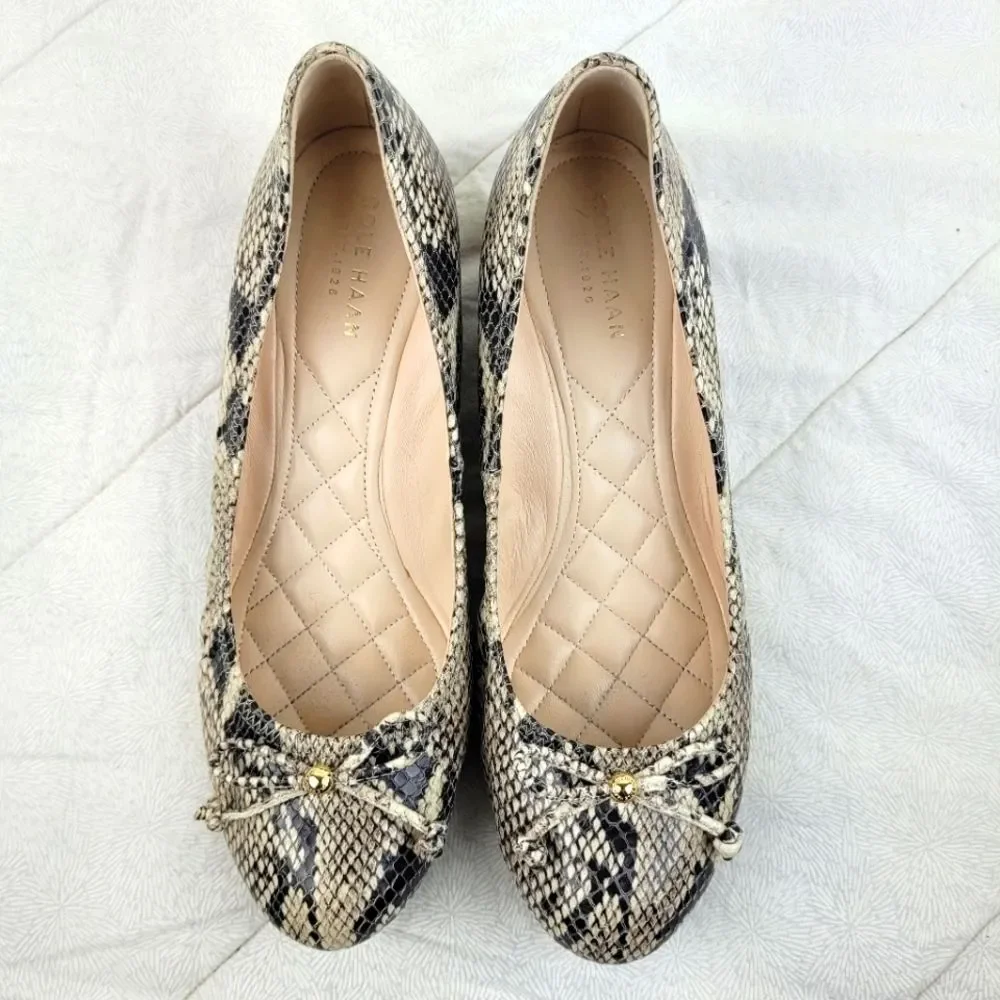 Cole Haan tan black snakeskin leather ballet wedge flats bow gold accent lady 7